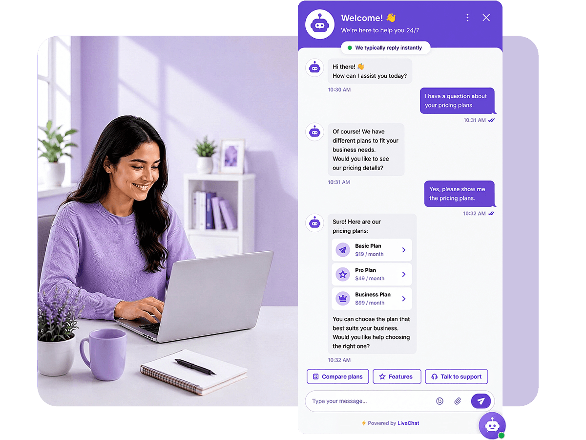 AI chatbot for website greeting a visitor and answering a pricing question in real time