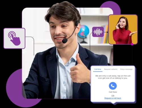 Click to call solution widget on a product page connecting a visitor to a sales agent