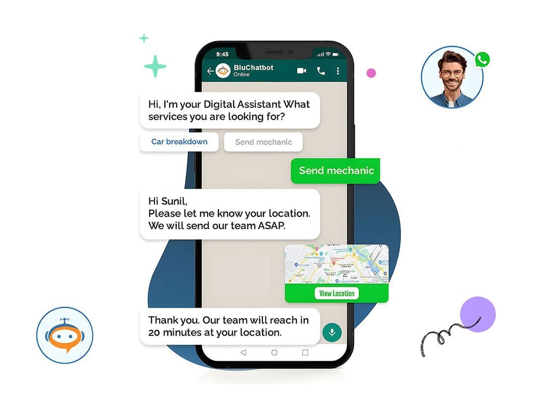 No code WhatsApp chatbot builder canvas in Celitix showing a greeting node connected to a location request