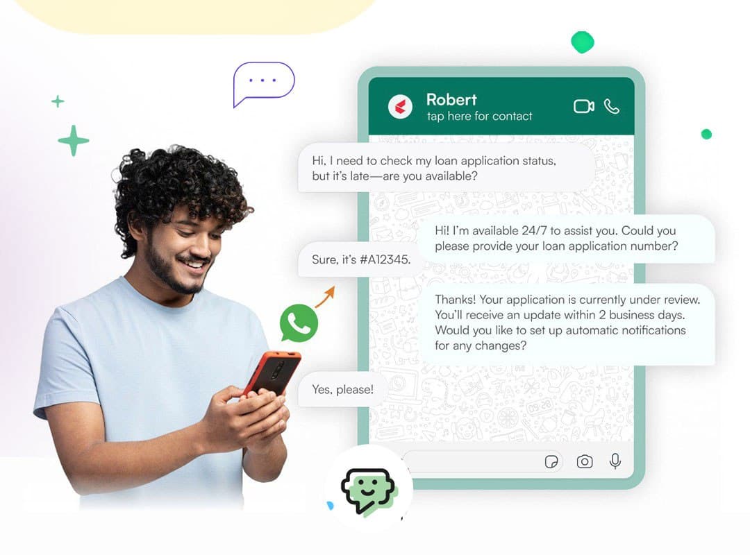 Customer receiving an automated WhatsApp chatbot reply on his phone outside business hours
