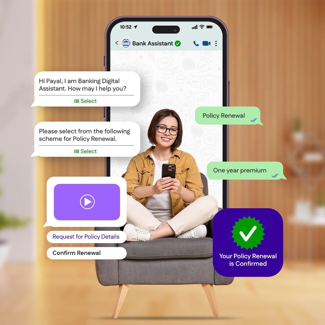 WhatsApp chatbot for business answering a customer on a phone with quick reply buttons and a confirmation card