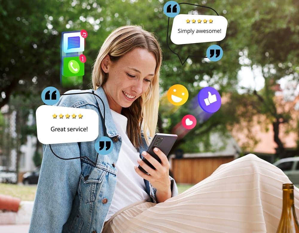 Customer getting an instant WhatsApp chatbot reply on her phone while out walking