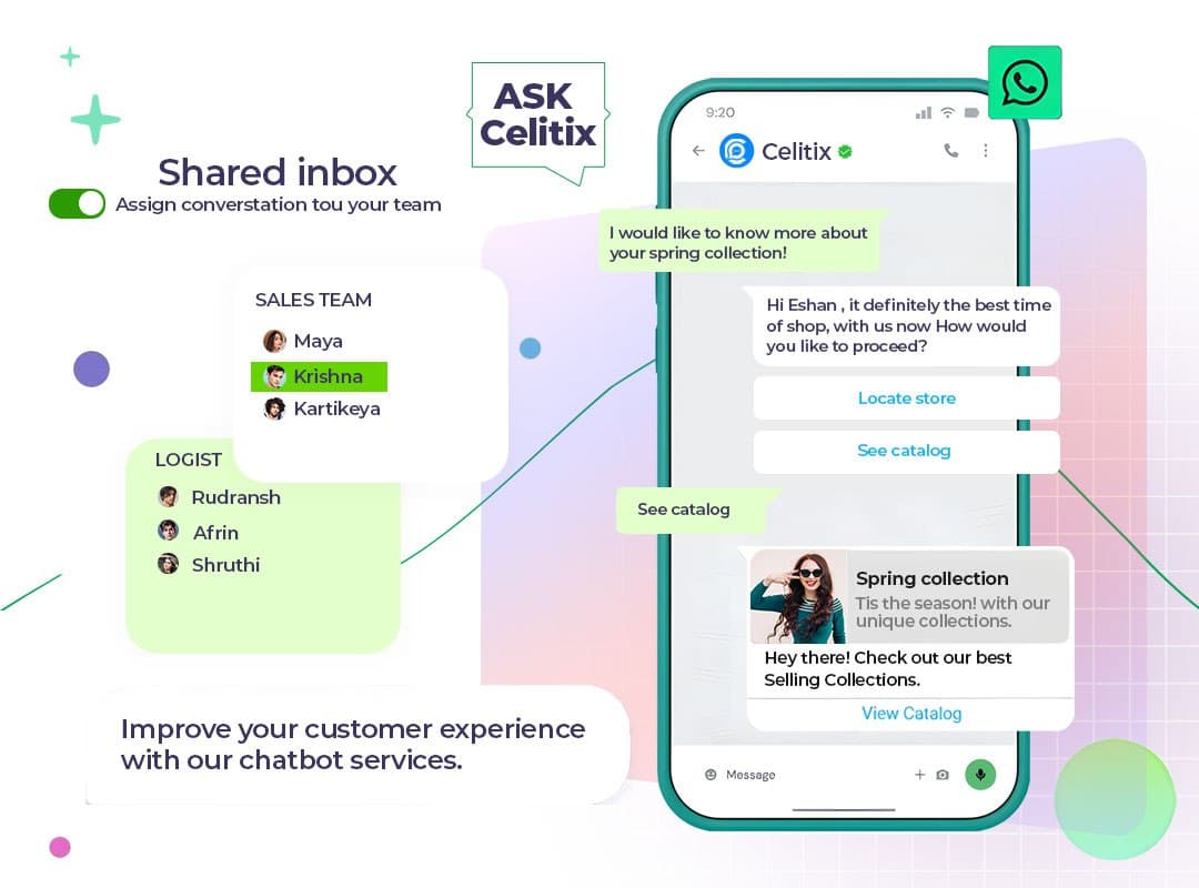 Shared team inbox routing WhatsApp chatbot conversations to available sales and support agents
