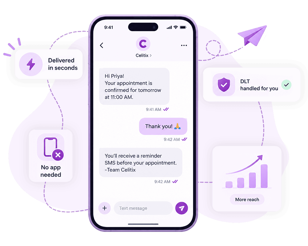 SMS marketing conversation on a phone showing instant delivery, DLT compliance, and more reach