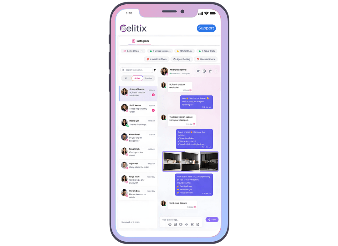 Instagram live chat inbox Instagram live chat inbox with active and inactive conversation filters