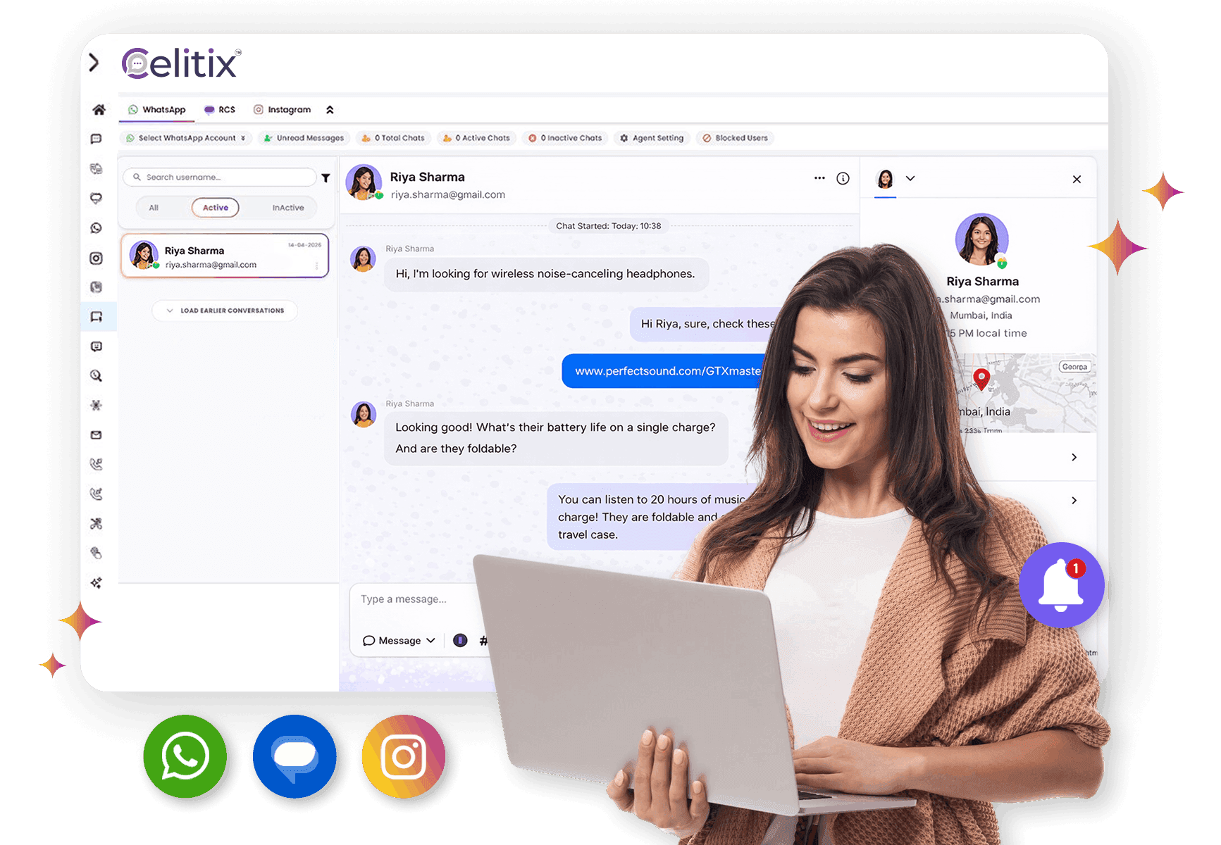 Unified inbox for live chat services Live chat services dashboard showing WhatsApp, Instagram, RCS, and website conversations in one queue