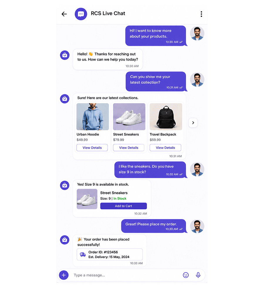 Rich media reply from the RCS agent inbox RCS agent inbox replying to a customer with a product carousel and action buttons