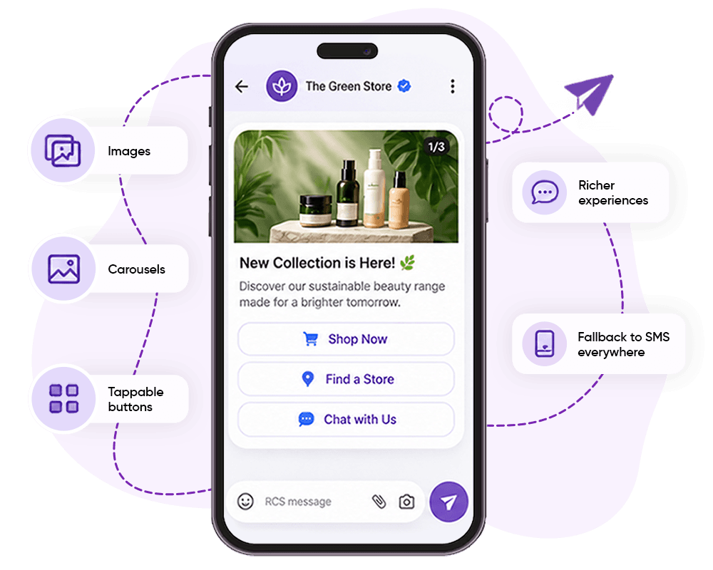 RCS business messaging verified brand profile RCS business messaging showing a verified brand profile with logo, carousel, and tappable buttons in the default messaging app